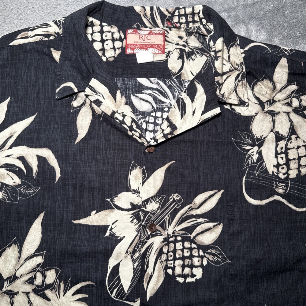 VTG RJC Men's SZ 4XL Hawaiian Shirt Button Up Black Navy Floral Made In Hawaii - Picture 1 of 16